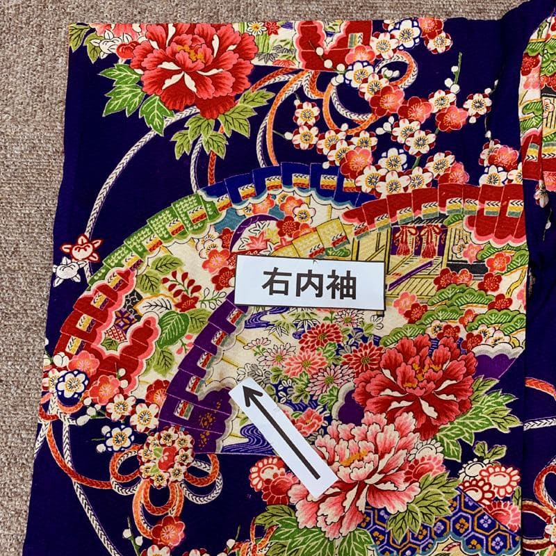 509ag41□七五三 三歳 アンティーク 女児 着物&被布 総柄 扇 花文□