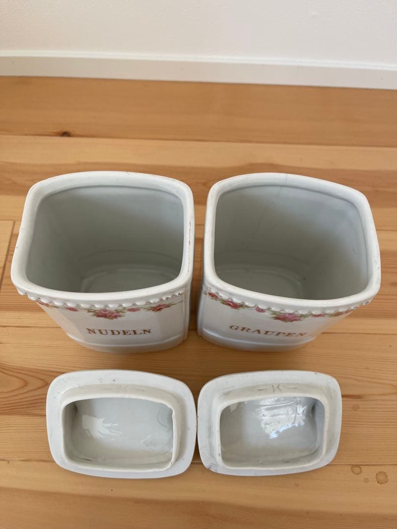 2個set★アンティーク陶器キャニスター金文字ロゴ入りフランスイギリス薔薇イマン