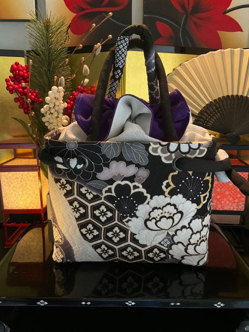 一閑張り　一閑張りバッグ　古文書　和紙　花絵柄　大正　着物　梅　京友禅　牡丹　菊