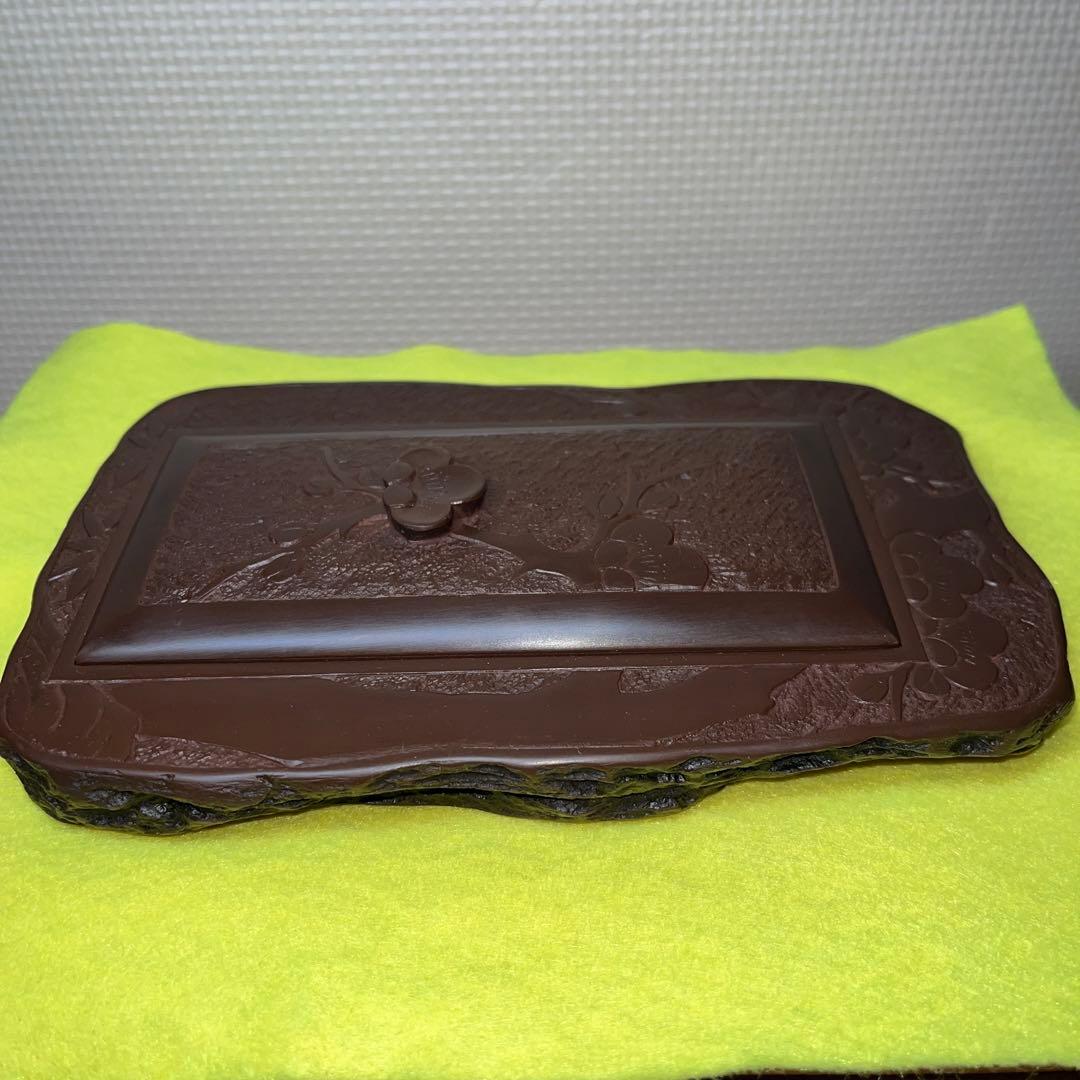 ⭕️赤間硯　共蓋付き　研堂作　梅花彫刻硯　美品　墨持ちが良い　硯