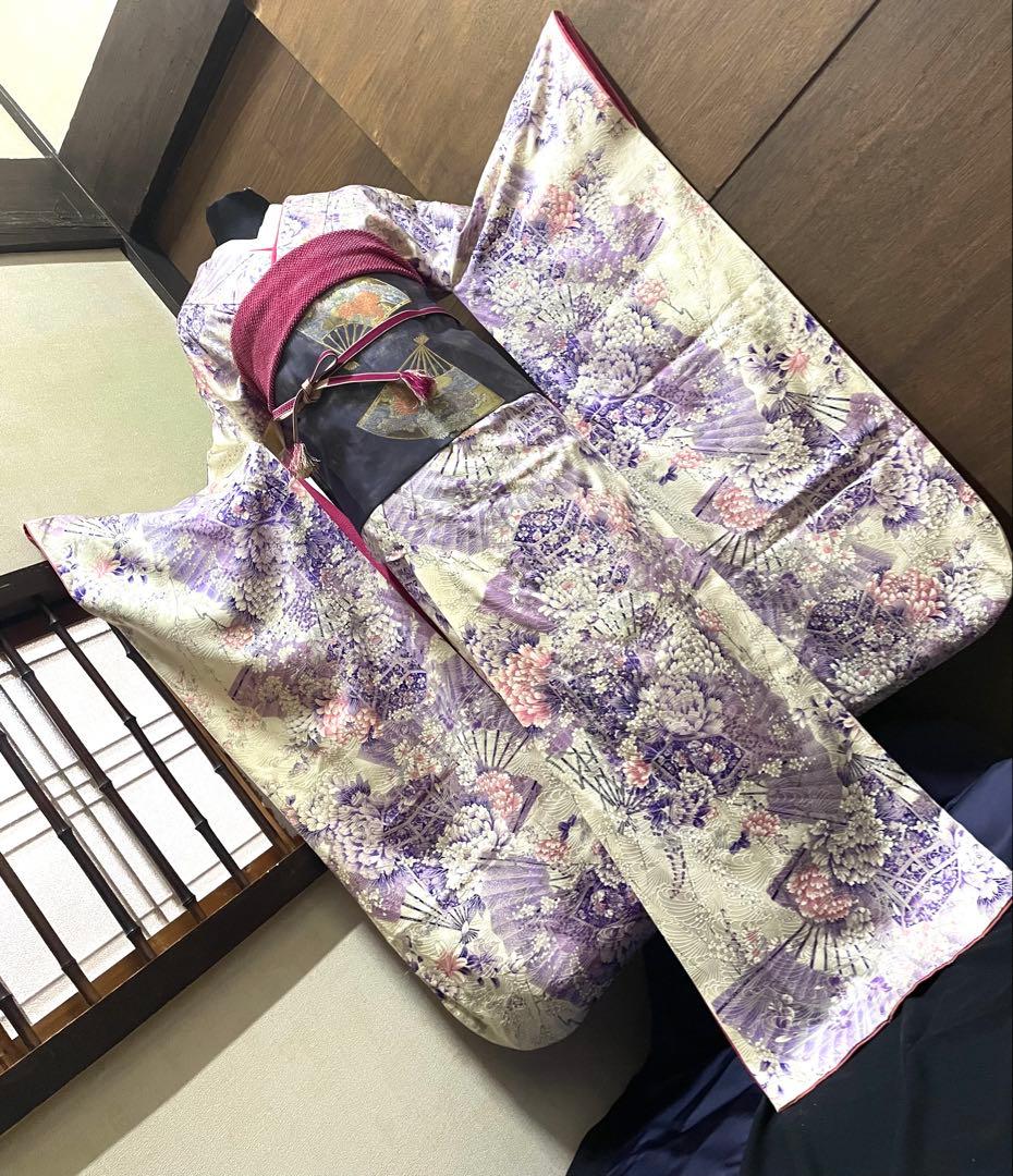 振袖 フルセット6点サイズS〜M 貝桶花文正絹袋帯唐織扇面御所車花文　金銀糸引箔