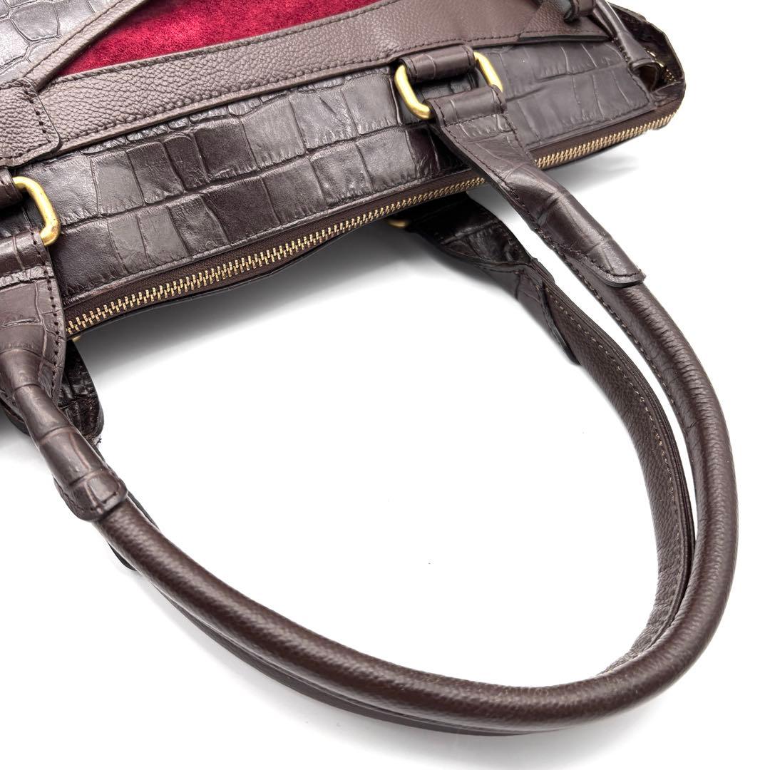 美品 サマンサキングズ ビジネスバッグ クロコ型押し レザー A4 PC可 茶