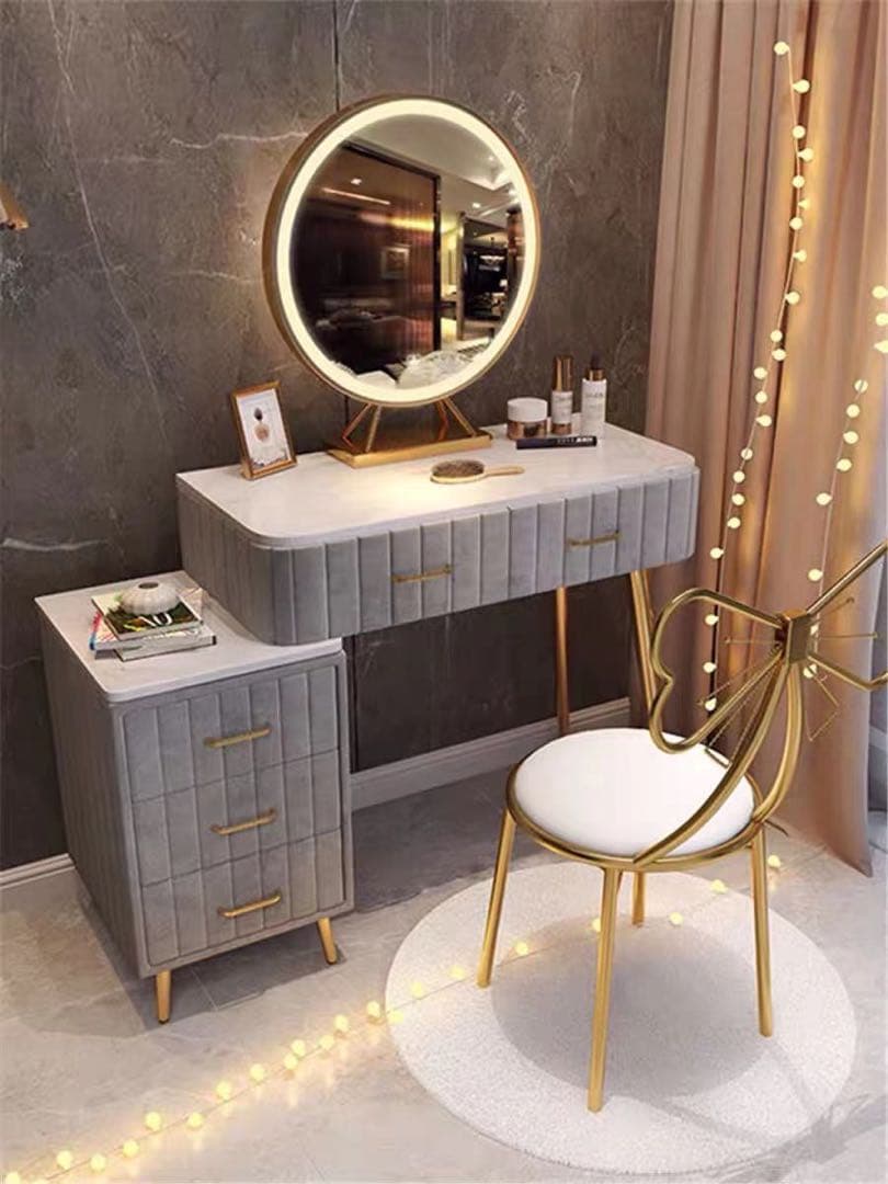 オシャレドレッサー　ホワイト　引き出し2杯LEDミラー　椅子　棚4点セット