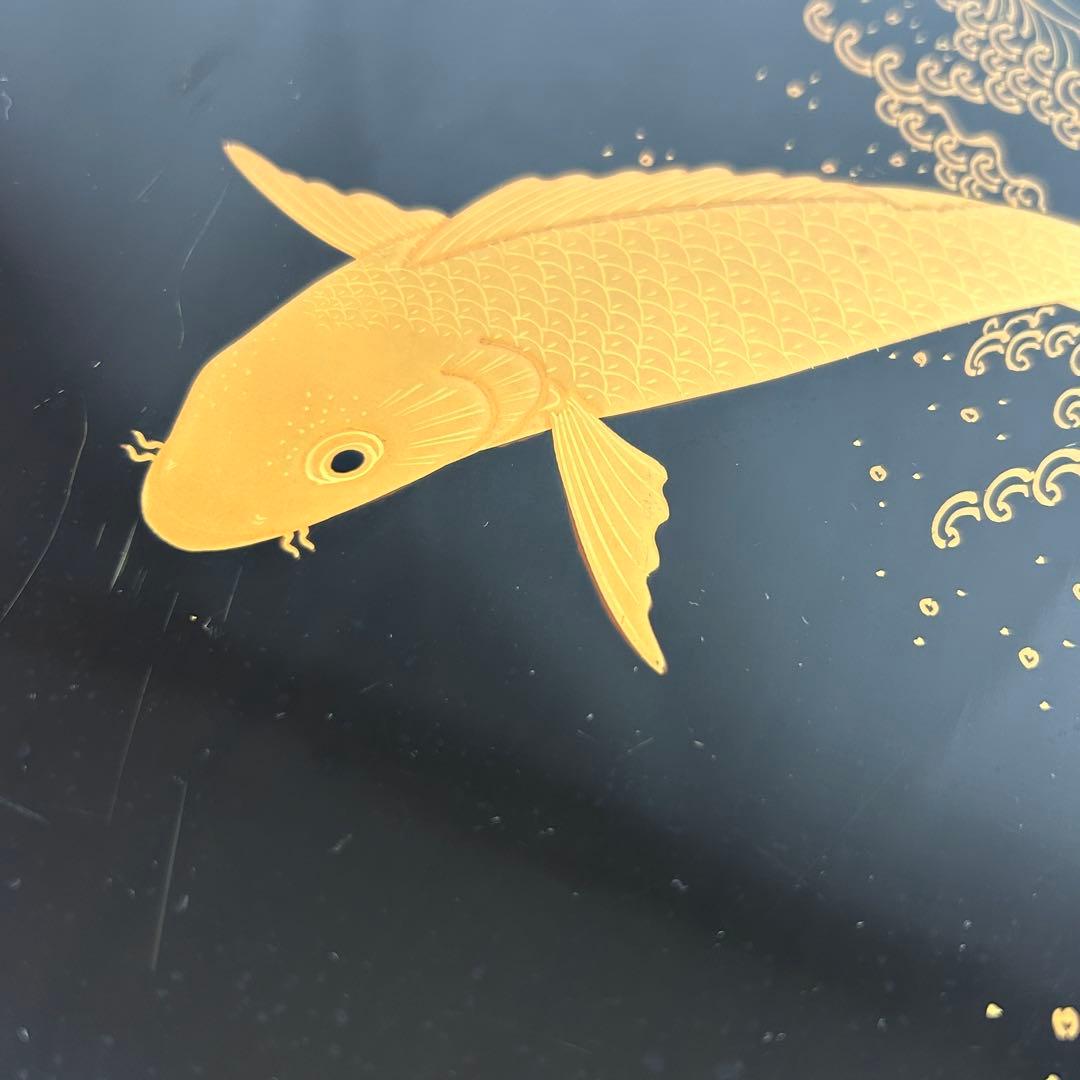 輪島塗 脚付き御膳 10枚揃 鯉蒔絵 黒塗 木箱付　古漆器