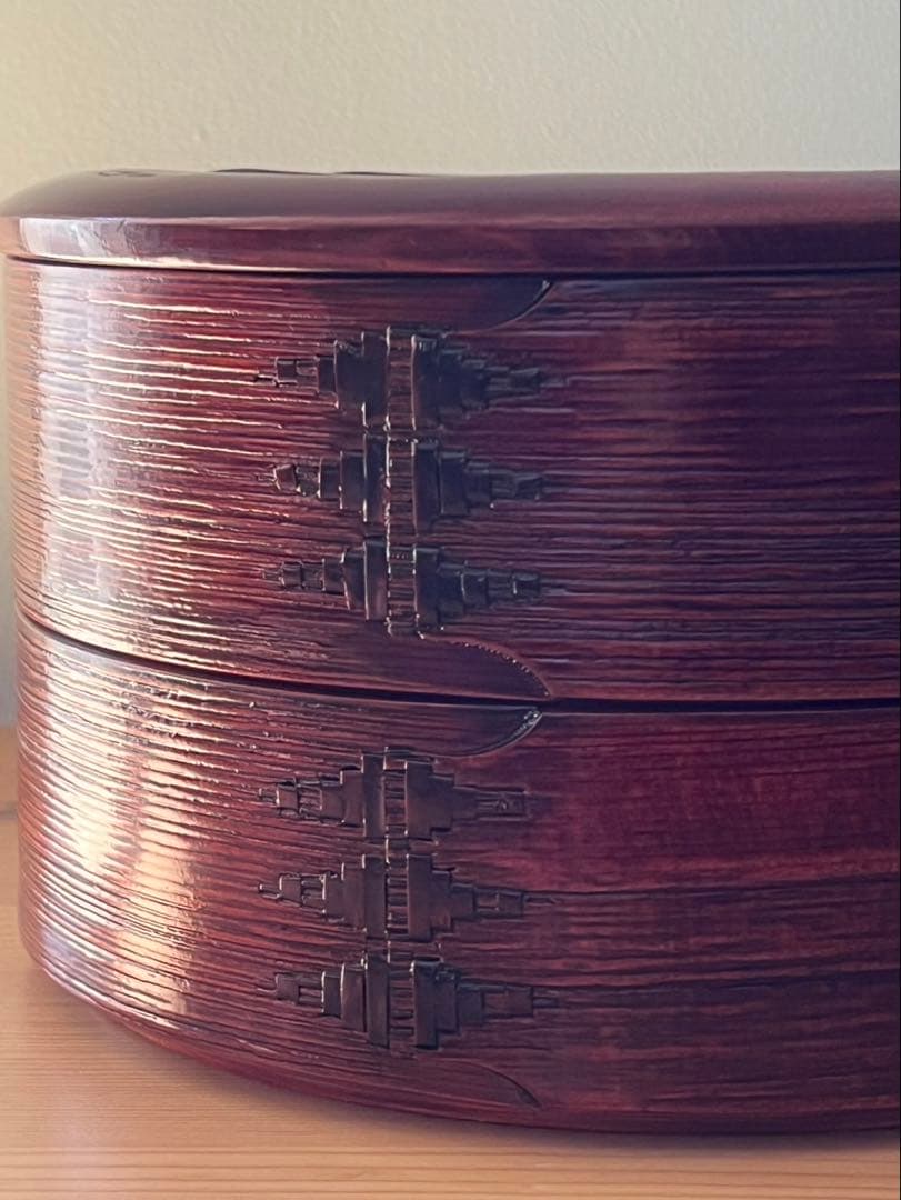 柴田慶信商店　秋田杉　曲げわっぱ　シバキ塗り　八寸　二段重　弁当箱　おひつ