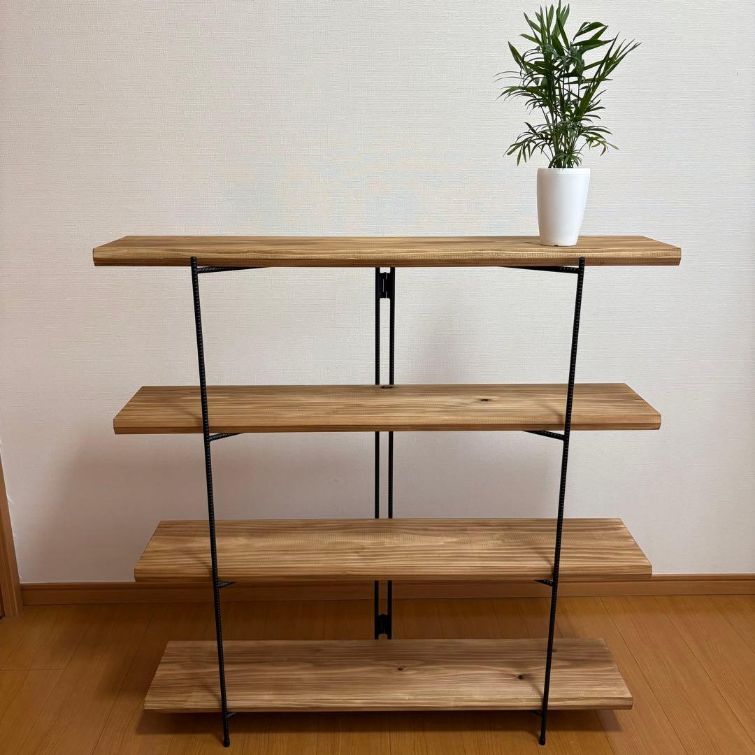 無垢板のオープンシェルフ　折り畳みラック　オープンシェルフ　什器　棚　幅1000