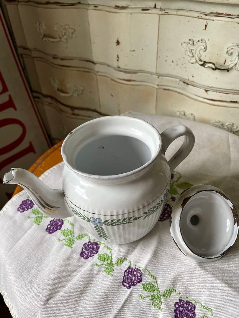 フランス　アンティーク　ホーロー　コーヒー　ティー　ポット　ガーランド　BB社