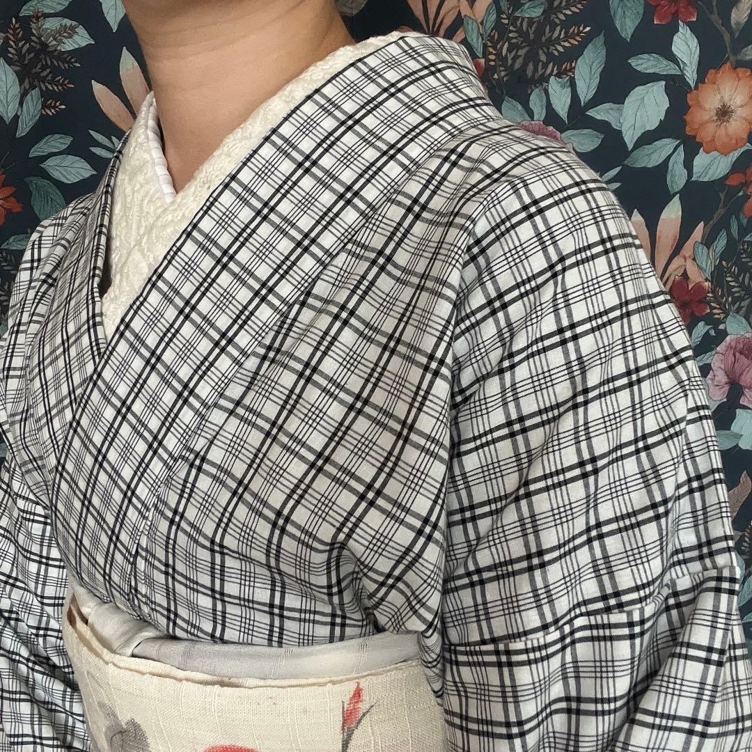 木綿着物　モノトーンチェック　手縫い　ハンドメイド