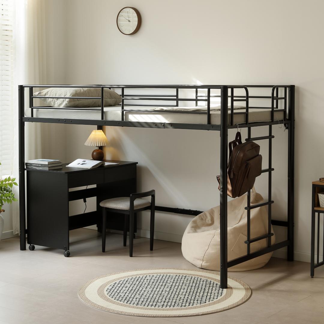 超人気！【高さ140cm】ロフトベッド 耐荷重150kg 一人暮らし Black
