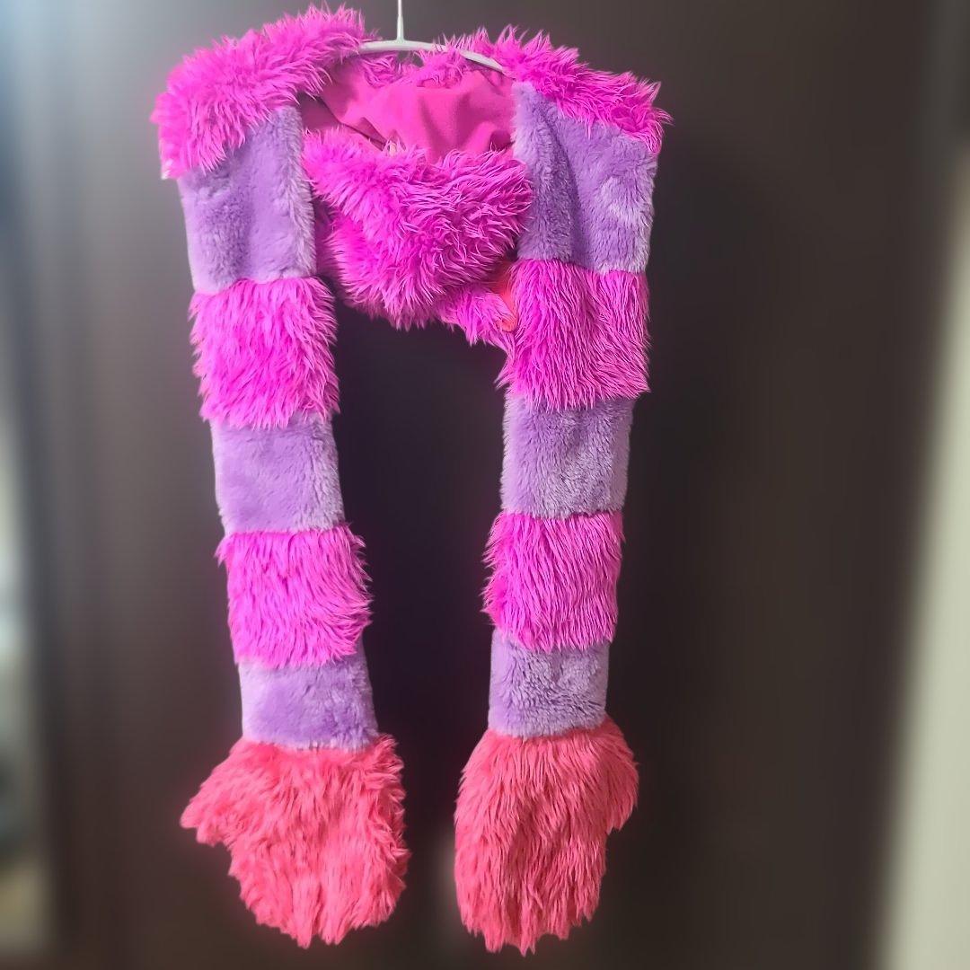 チェシャ猫 フリース耳付きフードスカーフ ピンク紫