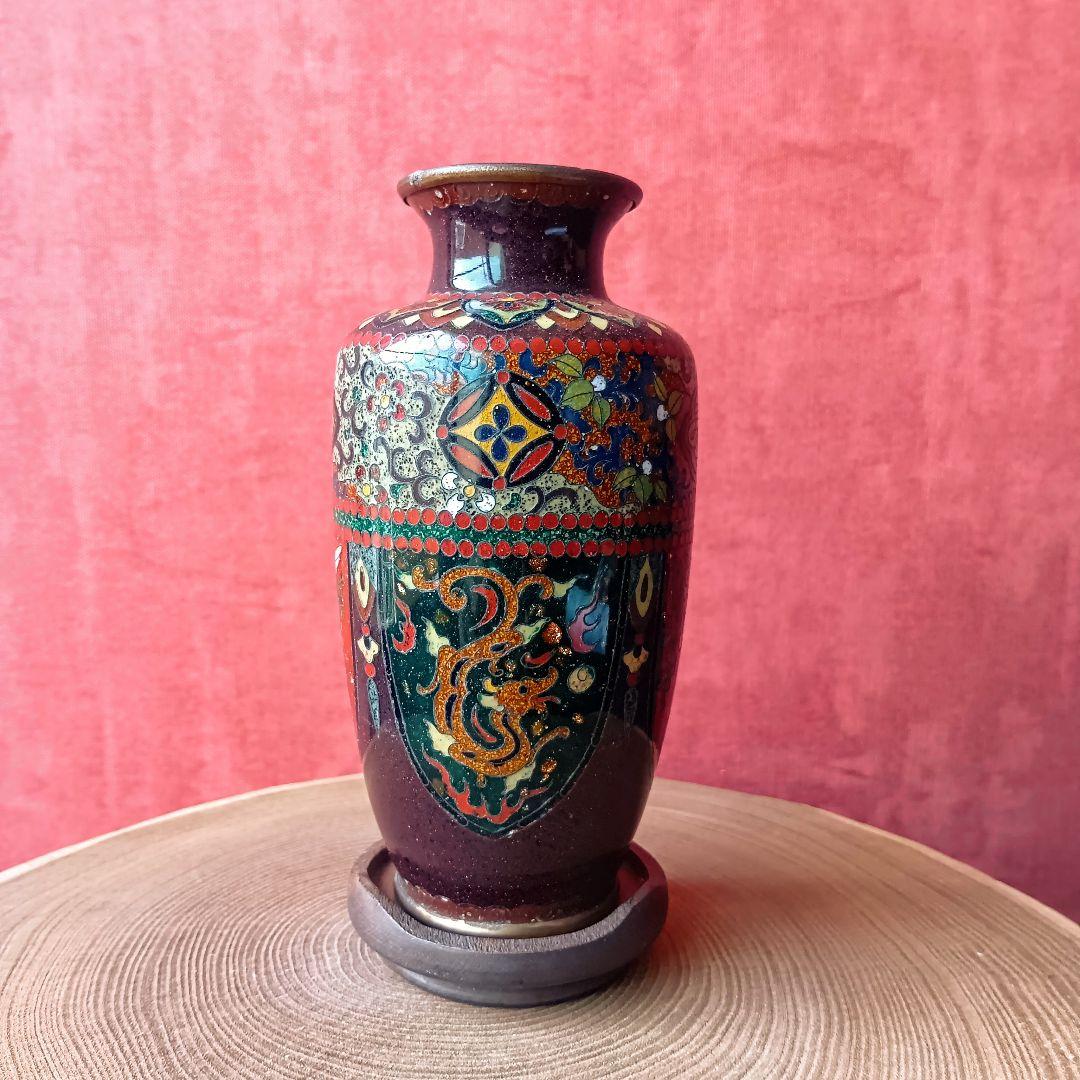 明治〜大正◆アンティーク◆七宝焼◆一輪挿し◆安藤七宝店◆龍朱雀蝶草花紋◆木製台座