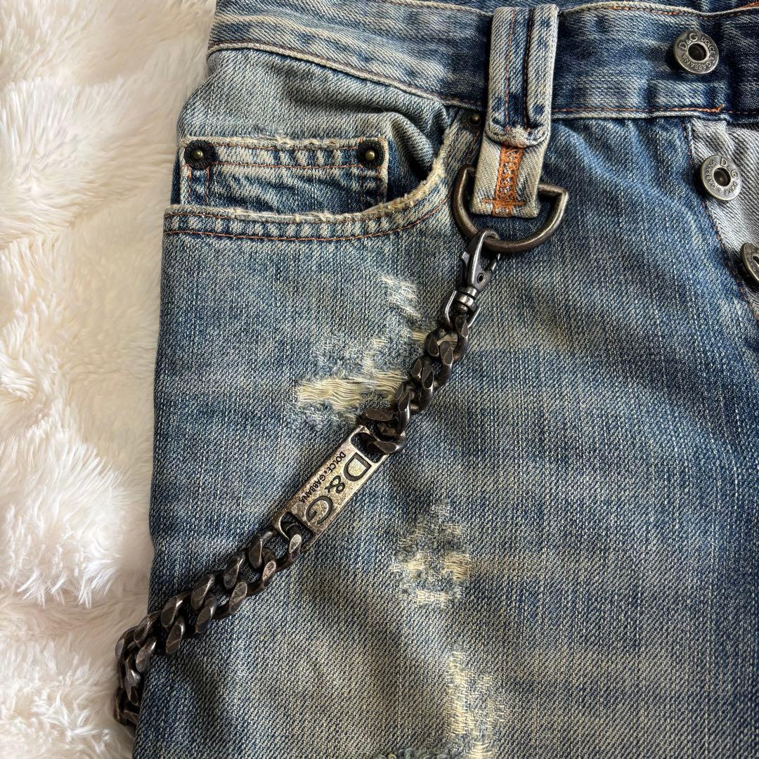 ドルガバ ウォッシュド ダメージ チェーン デニムパンツ