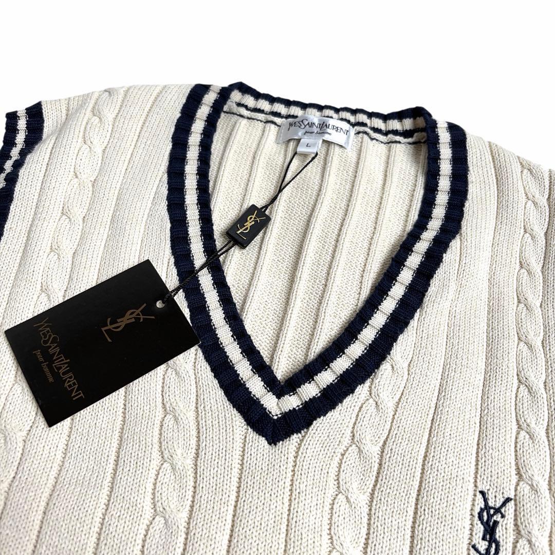 新品タグ付 イヴサンローラン チルデンニットベスト ケーブル編み YSLロゴ