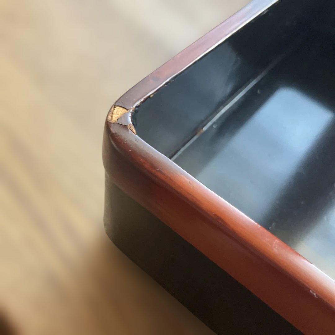 古い木製 三段重箱 黒・茶色 持ち手付き