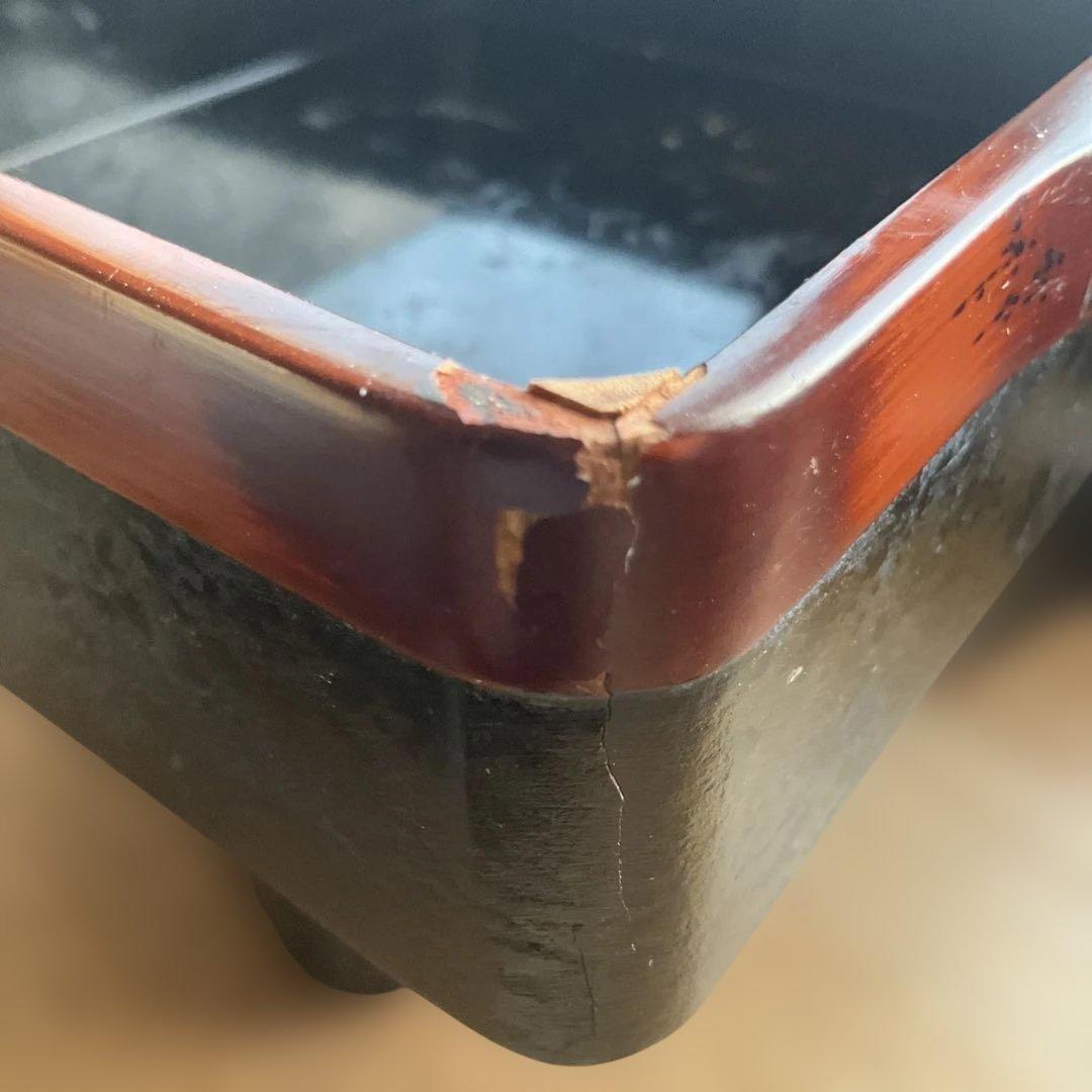 古い木製 三段重箱 黒・茶色 持ち手付き