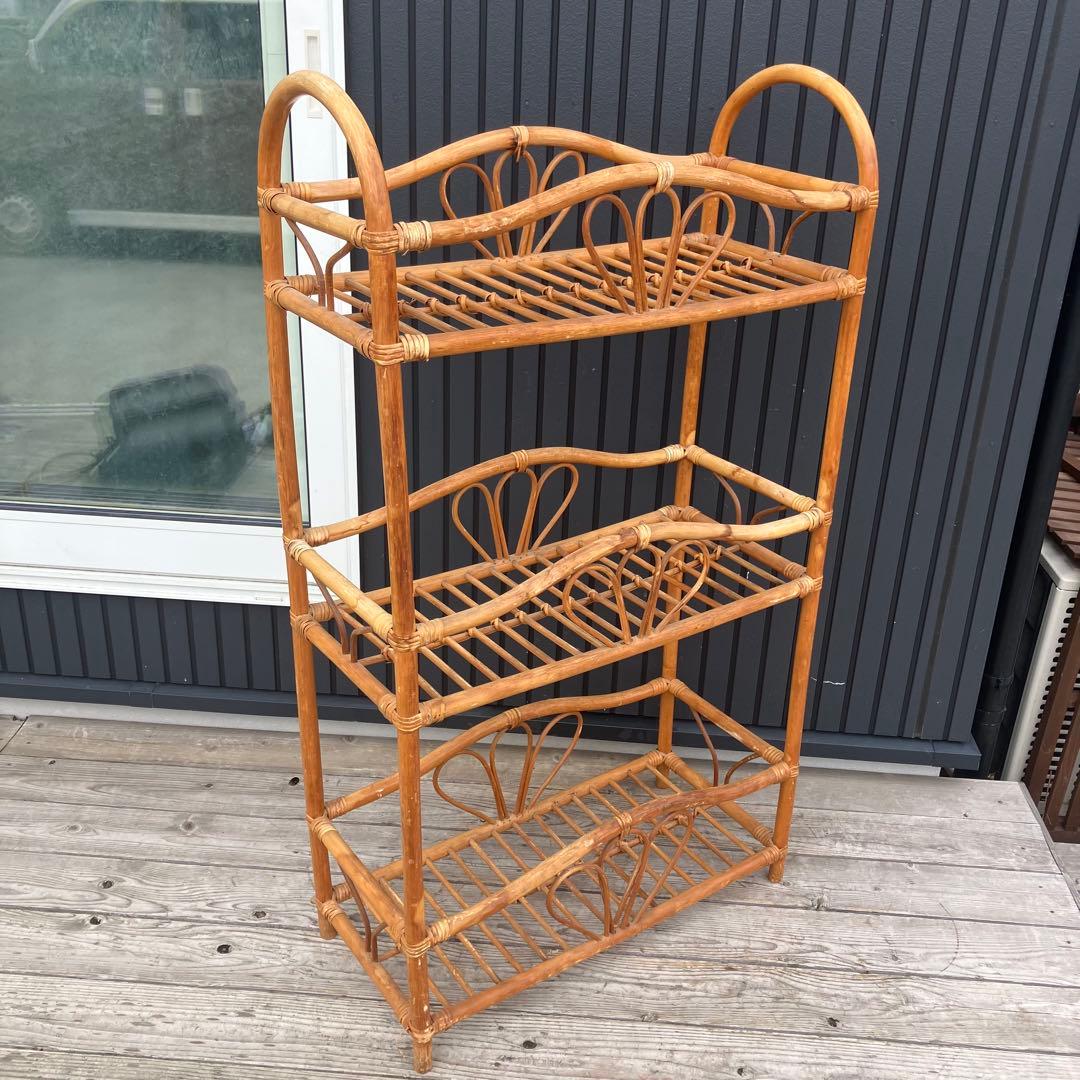 昭和レトロ ラタンラック フラワーラック 3段 オープンラック 花台 飾り棚