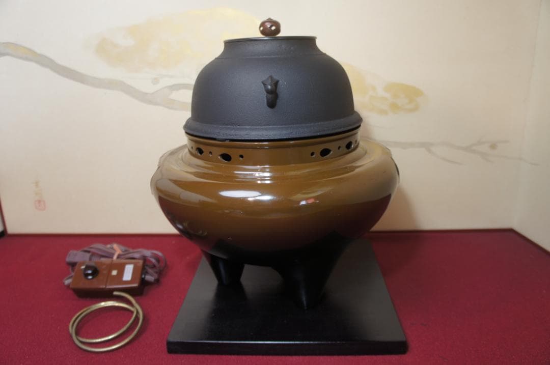 ☆さびない野々田合金製朝鮮風炉釜 唐銅蓋 410W電熱器(可変) 敷板送料込み