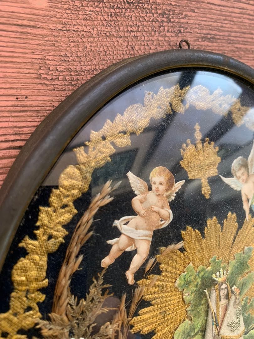 フランスアンティーク　19世紀ベルギーガラス額に美しくデコパージュされたマリア様