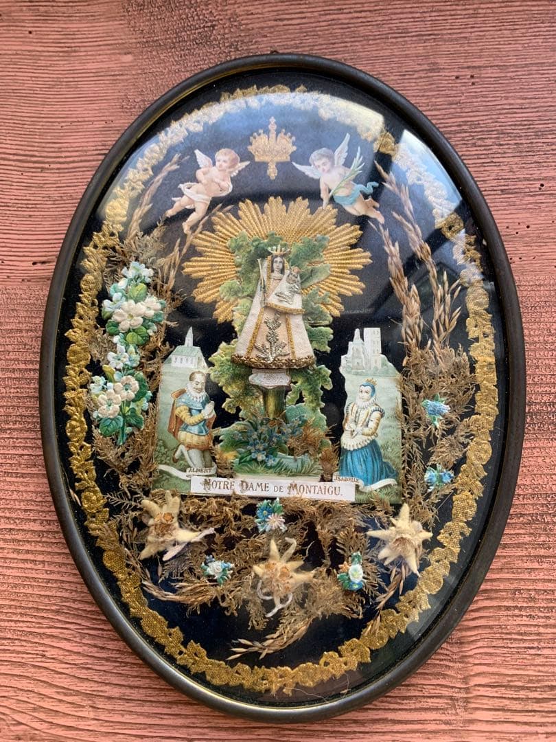 フランスアンティーク　19世紀ベルギーガラス額に美しくデコパージュされたマリア様