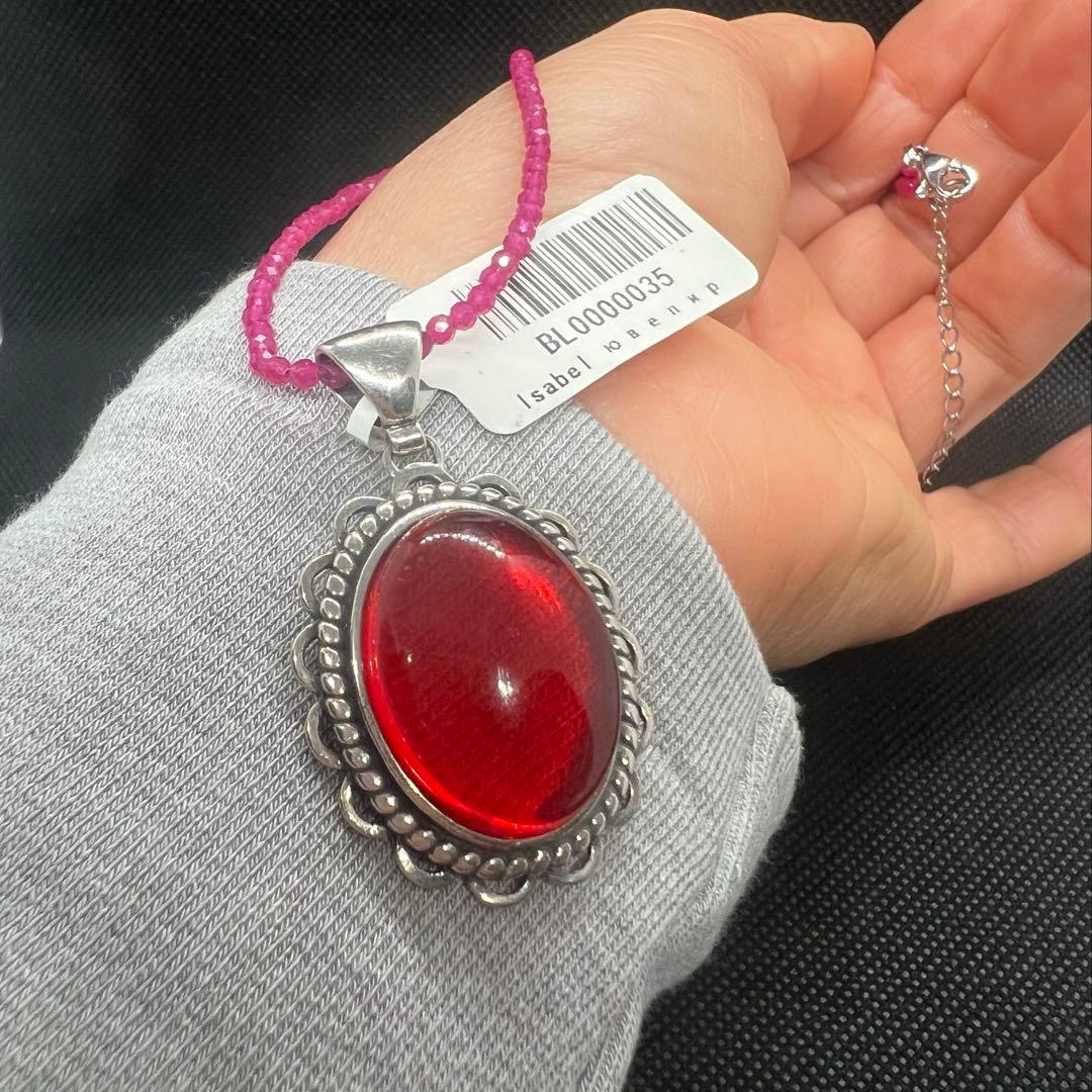 天然ポーランドの赤琥珀のペンダントトップにルビーのチェーンのセットs925使用