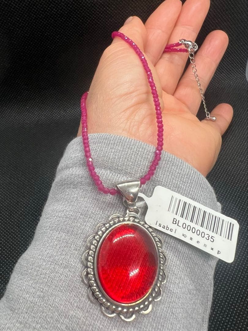 天然ポーランドの赤琥珀のペンダントトップにルビーのチェーンのセットs925使用