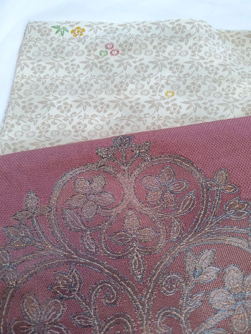 【本日中限定値下】大人名古屋帯くすみピンク草花柄オリエンタル柄刺繍お太鼓柄着物帯