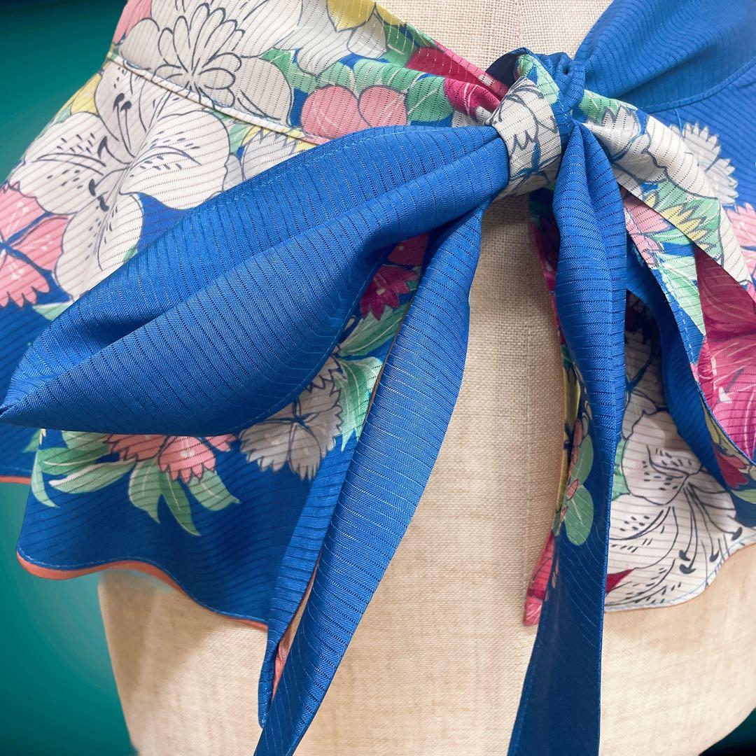 花柄 ビビッドブルー リボン サッシュベルト W70〜100cm水色 71005