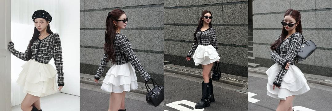 ダーリッチ darich ボリュームフリルツイードニットミニワンピース BLK