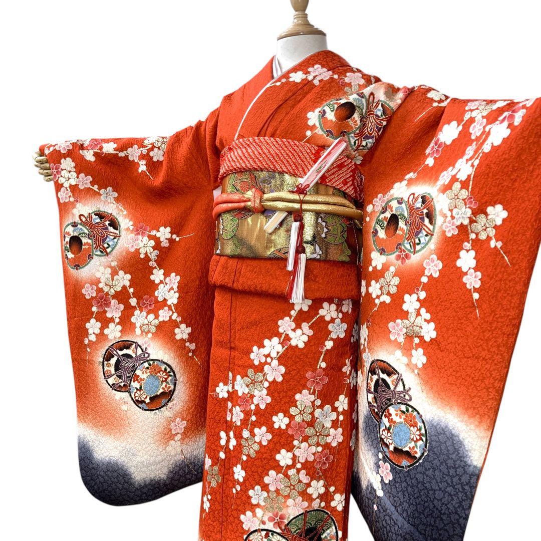 ◎mk-618　七五三　振袖　着物・襦袢・重ね衿　3点セット　絹　12-16