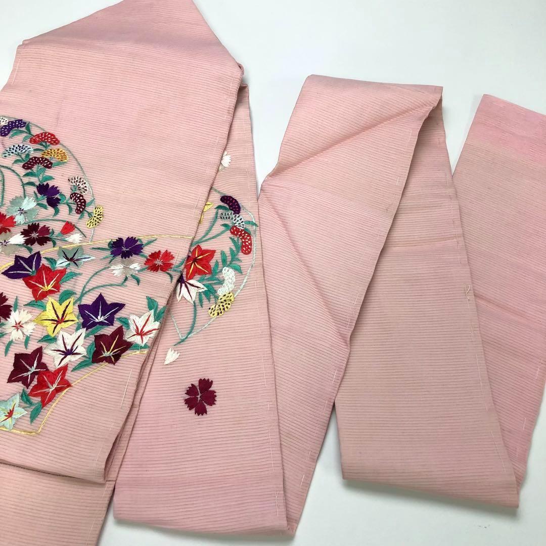 アンティーク帯 夏帯 名古屋帯 絽 地紙に花柄模様 刺繍 AO-3115