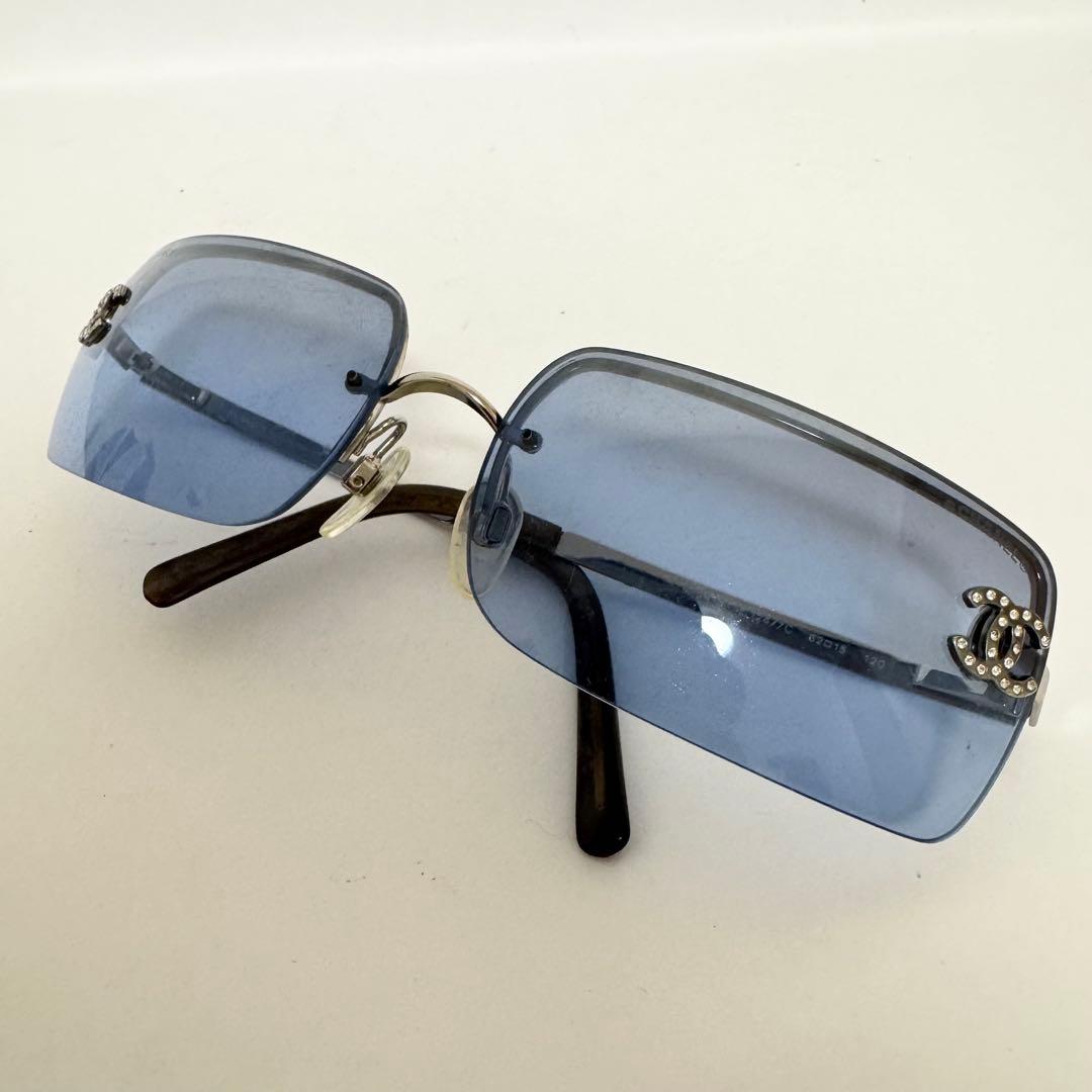 シャネル サングラス リムレス ラインストーン ココマーク シルバー ブルー