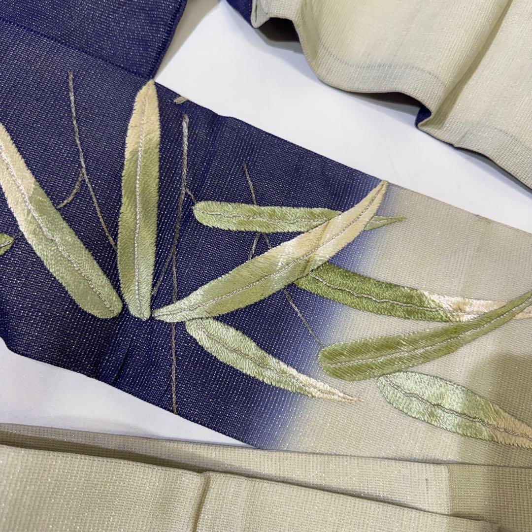 R*a様 鯉　刺繍帯　名古屋帯 紺色　夏帯　螺鈿　貝　白銀　笹　希少