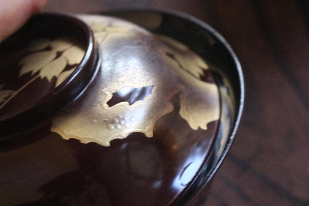 時代逸品！風情ある栗色漆に極上牡丹蝶蒔絵の映える大椀2点（検輪島塗蒔絵椀雑煮椀