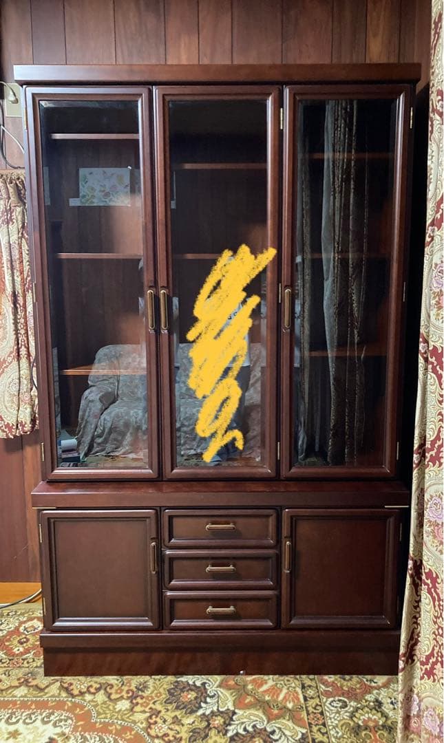 ダークブラウン 木製 本棚 ガラス扉付き