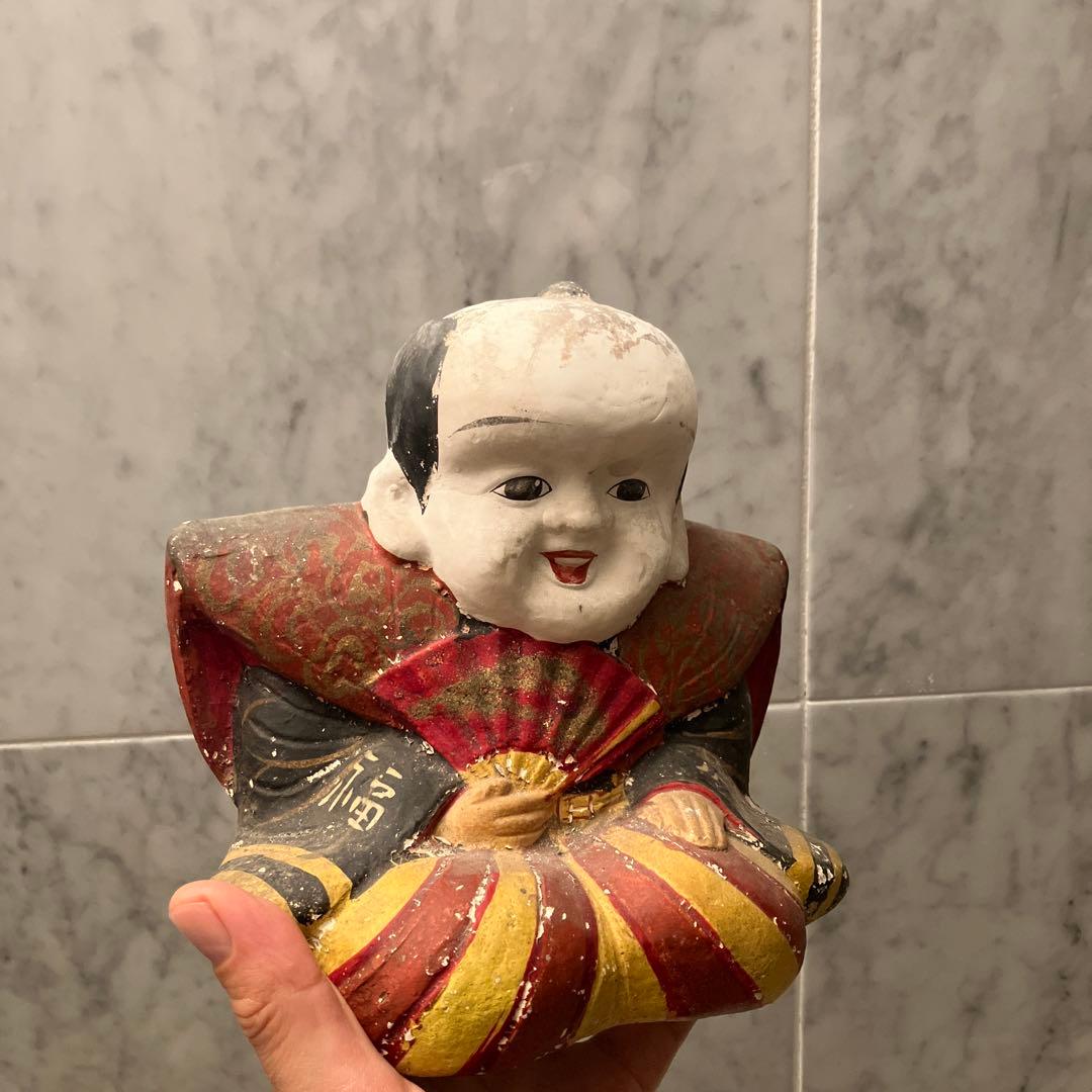 アンティーク約100年前瞳やおでこ、笑顔が美しく着物が素敵な金運、幸福を招く福助