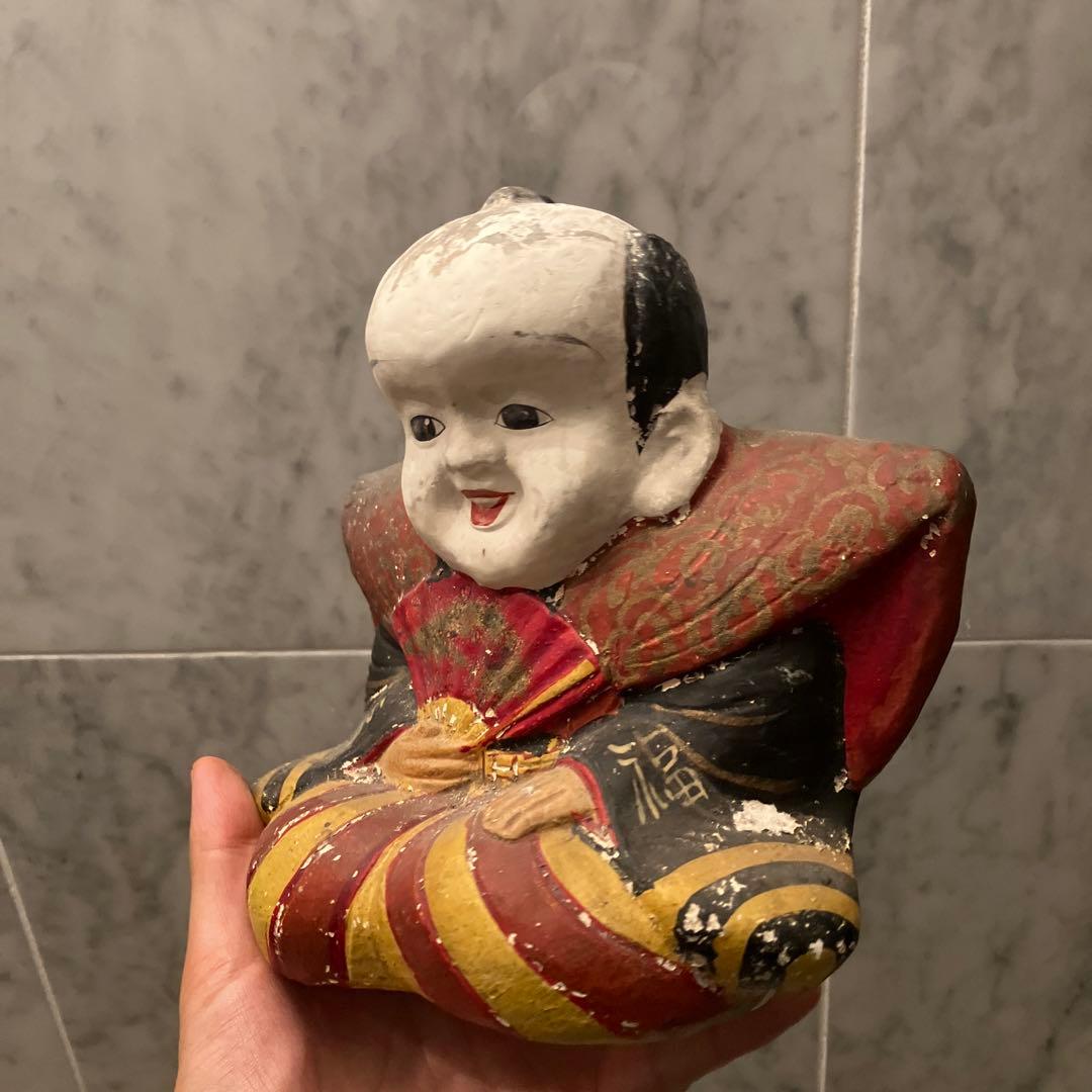 アンティーク約100年前瞳やおでこ、笑顔が美しく着物が素敵な金運、幸福を招く福助