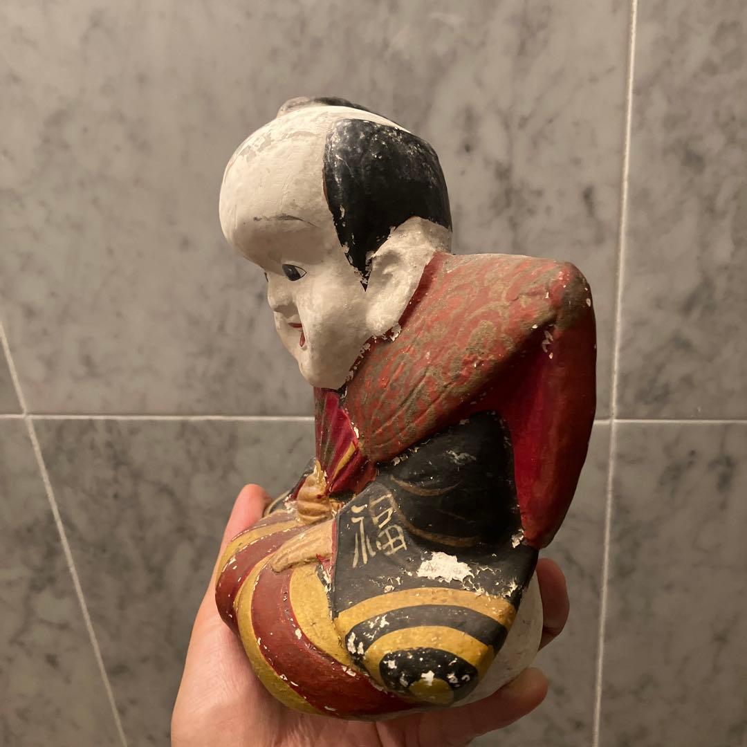 アンティーク約100年前瞳やおでこ、笑顔が美しく着物が素敵な金運、幸福を招く福助