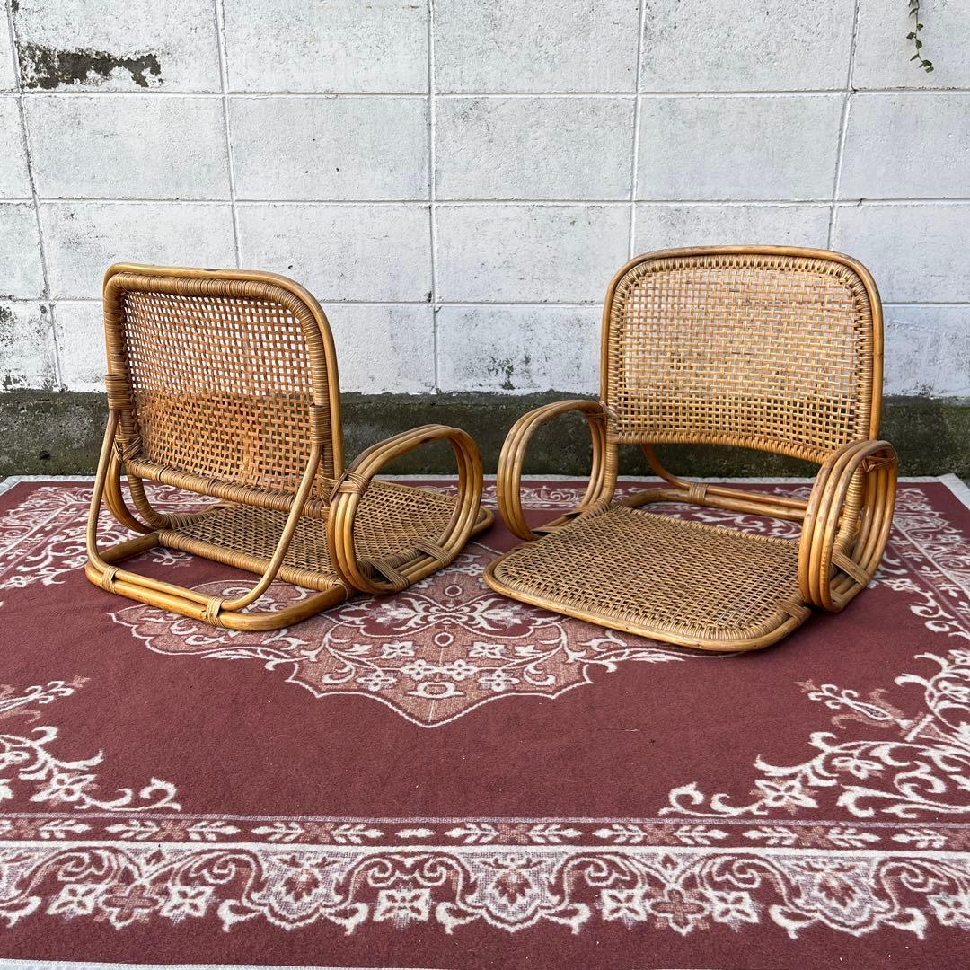 ビンテージ古家具◾️籐ラタン製 肘掛け付き 座椅子 ラタン家具 ナチュラル天然素材