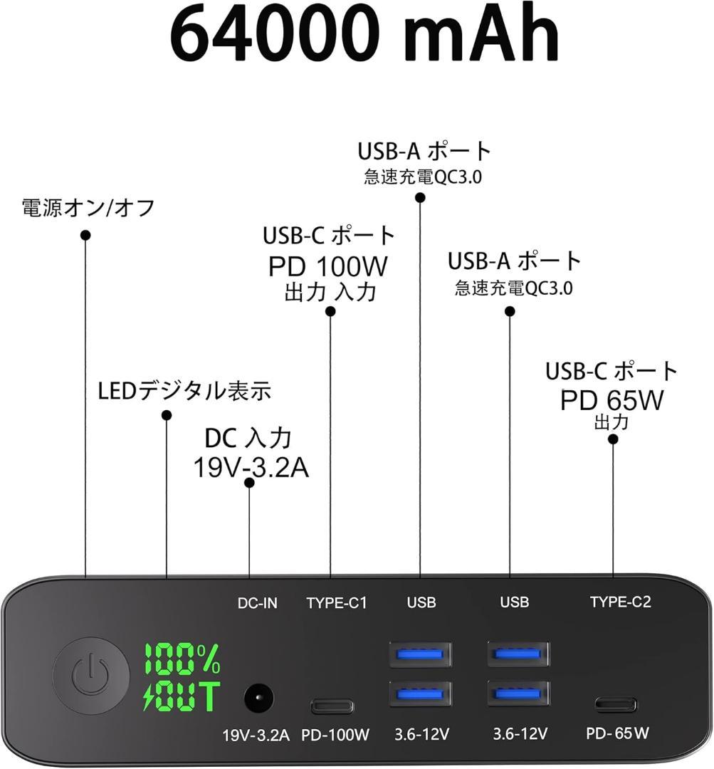 モバイルバッテリー 64000ｍAh 236Wh 6ポート 急速充電 防災