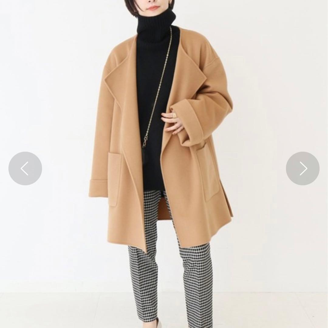 スピックアンドスパン ウールノーカラーミドル丈コート リバーコート キャメル M