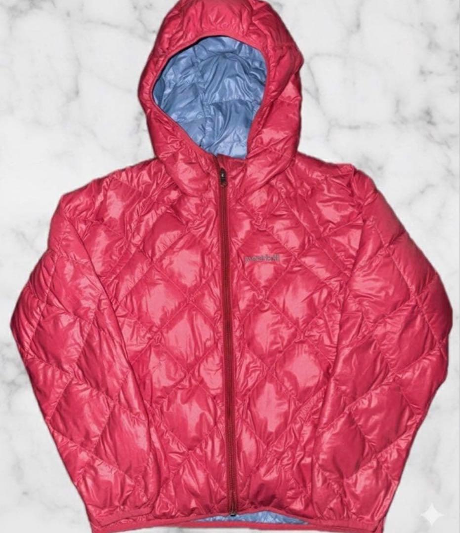 mont-bell ダウンジャケット キルティング　リバーシブル　水色/赤　光沢