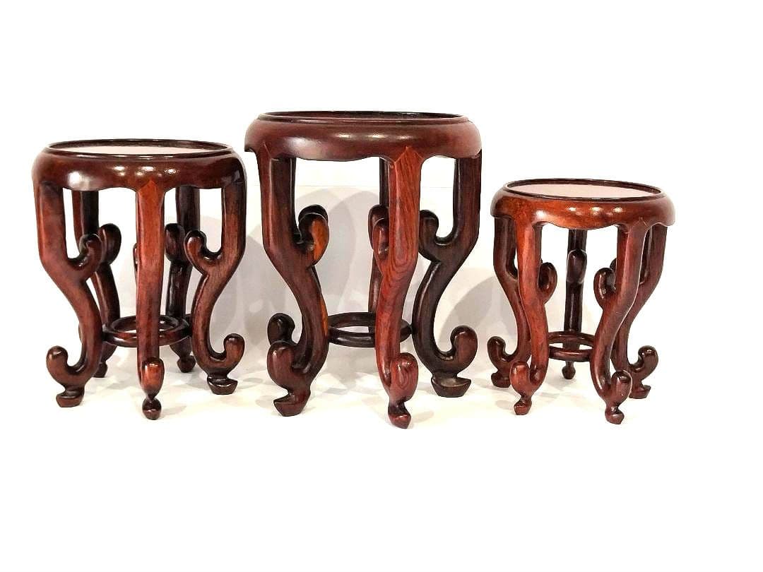 ❤【新品・未使用品含】盆栽卓　3個セット唐木 天然木 円式五足 花台 盆栽台