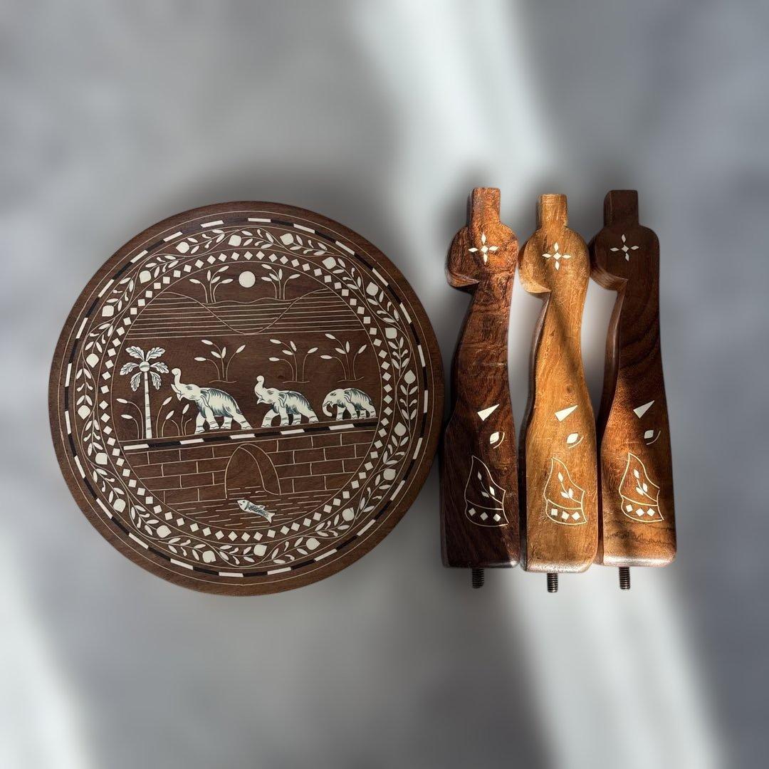 木製テーブル　3本足　猫足　ゾウ柄　タージマハール