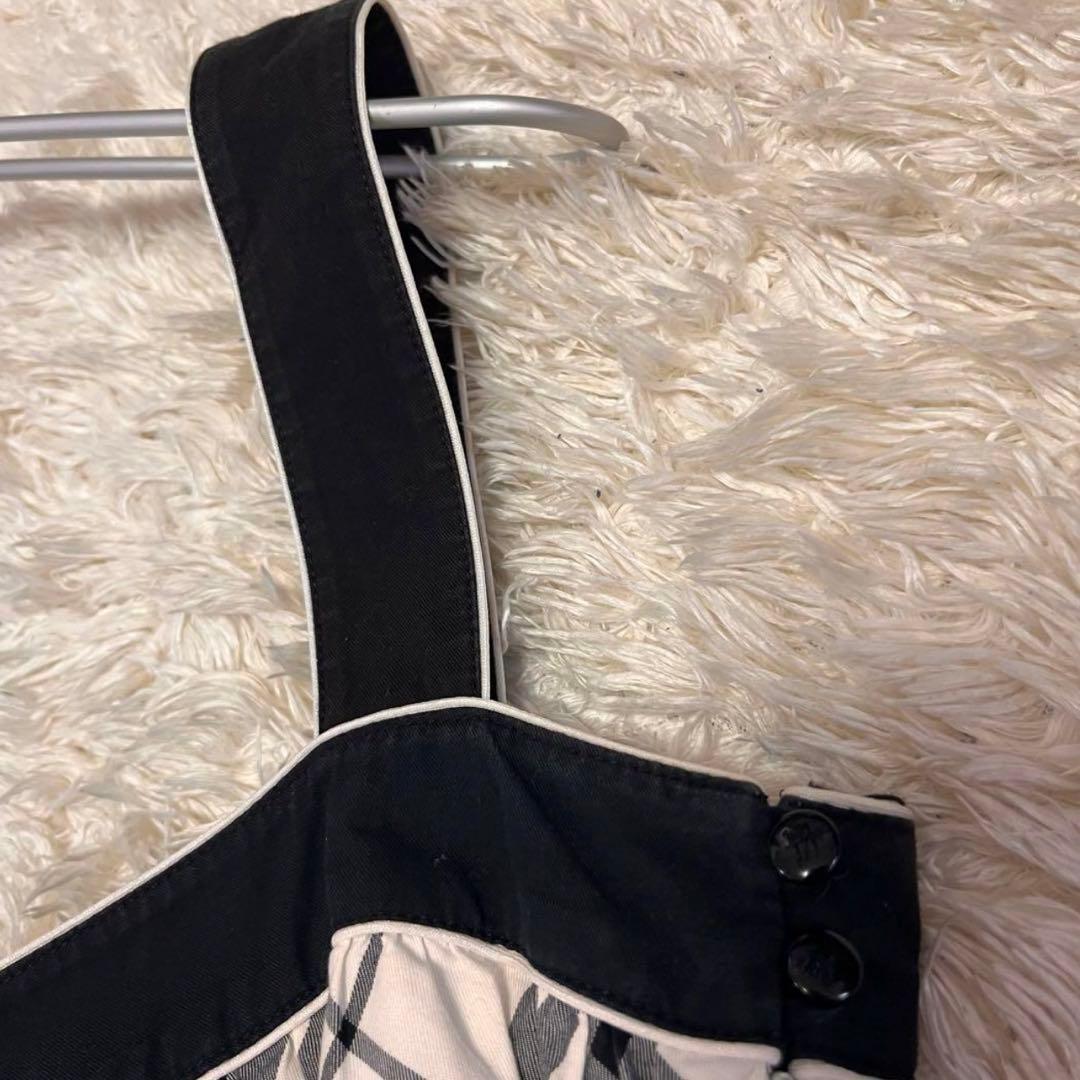 38【バーバリーブルーレーベル】ウエストリボンフレアワンピース 白黒チェック総柄