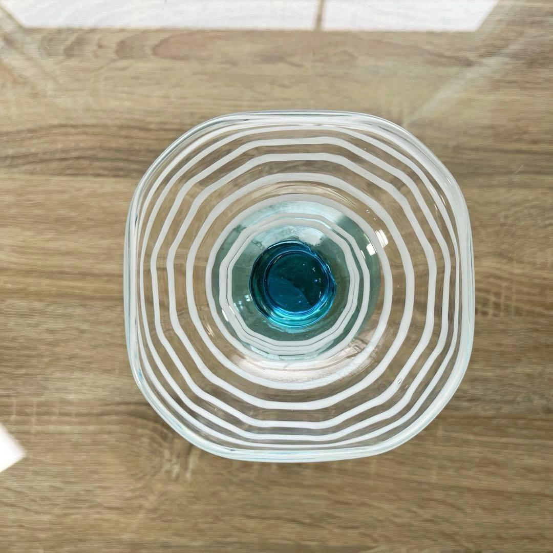 骨董　時代ガラス　超希少　四角型　白糸巻紋　水色脚付　氷コップ　ウラン