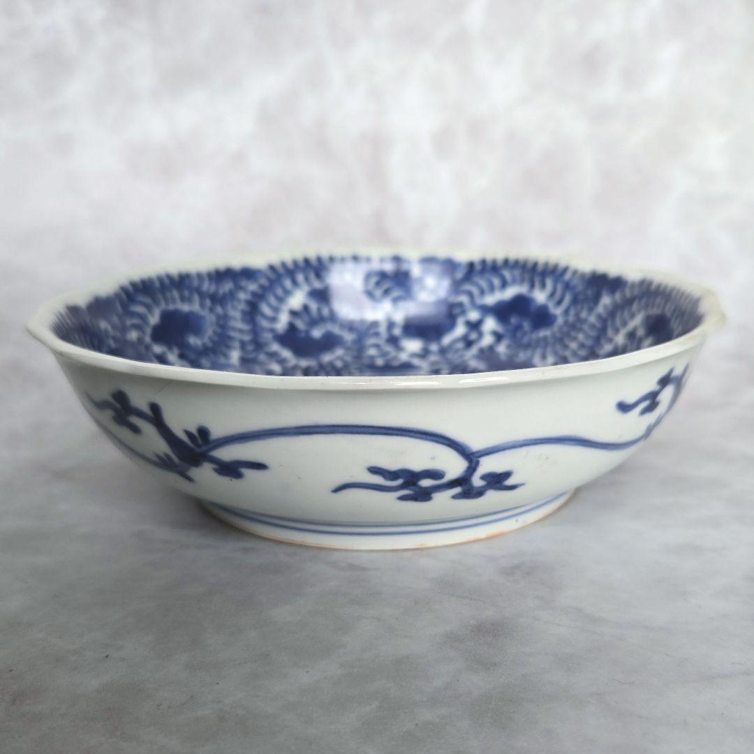 無傷　完品　古伊万里　染付　花唐草　深皿　江戸時代　金直し　金継ぎ　骨董　蛸唐草