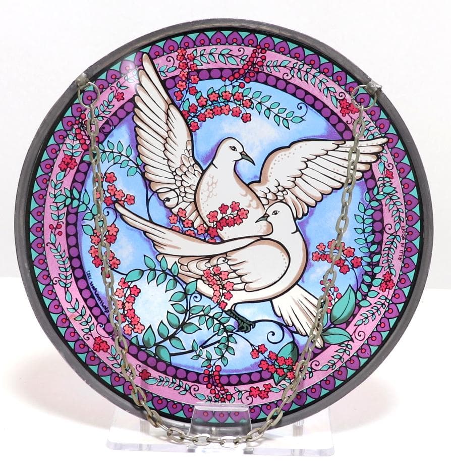 花に囲まれた幸運の二羽の鳩 ヴィンテージ ステンドグラス 平和の象徴 鳥 花柄