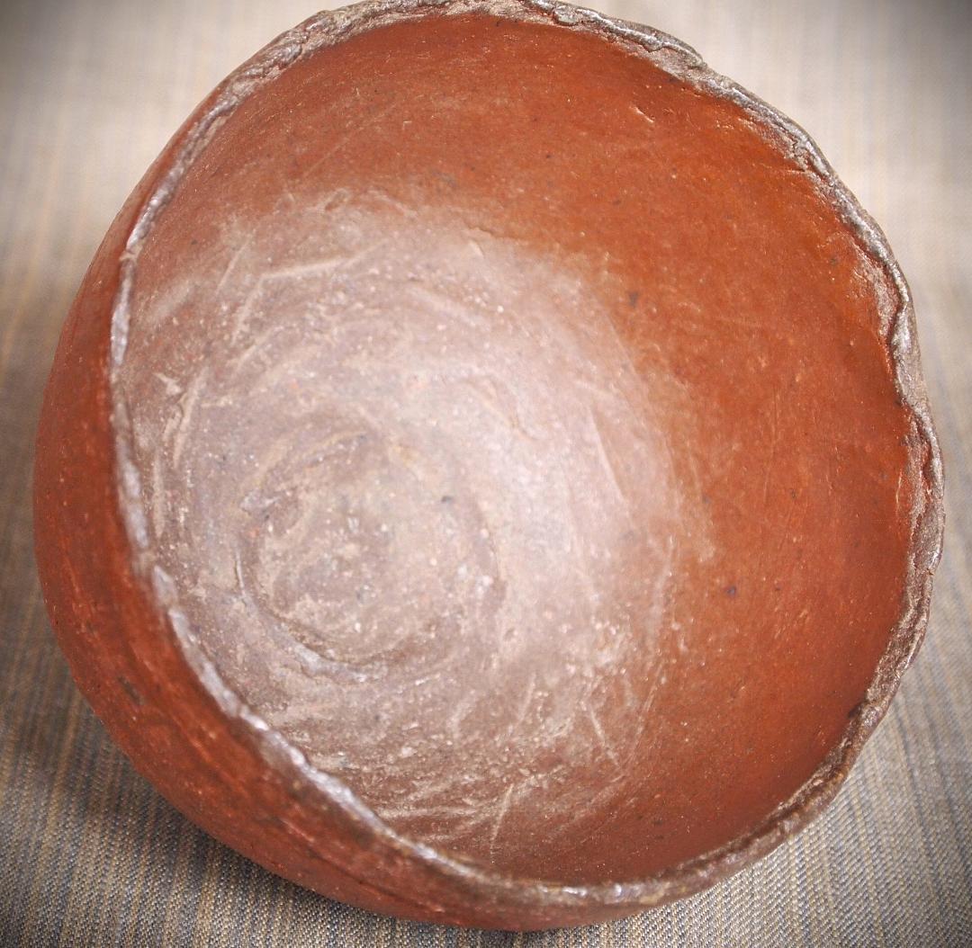 希少作★前嶋　五一郎【義弟：原田拾六】★備前〈手び練り）茶碗★緋色