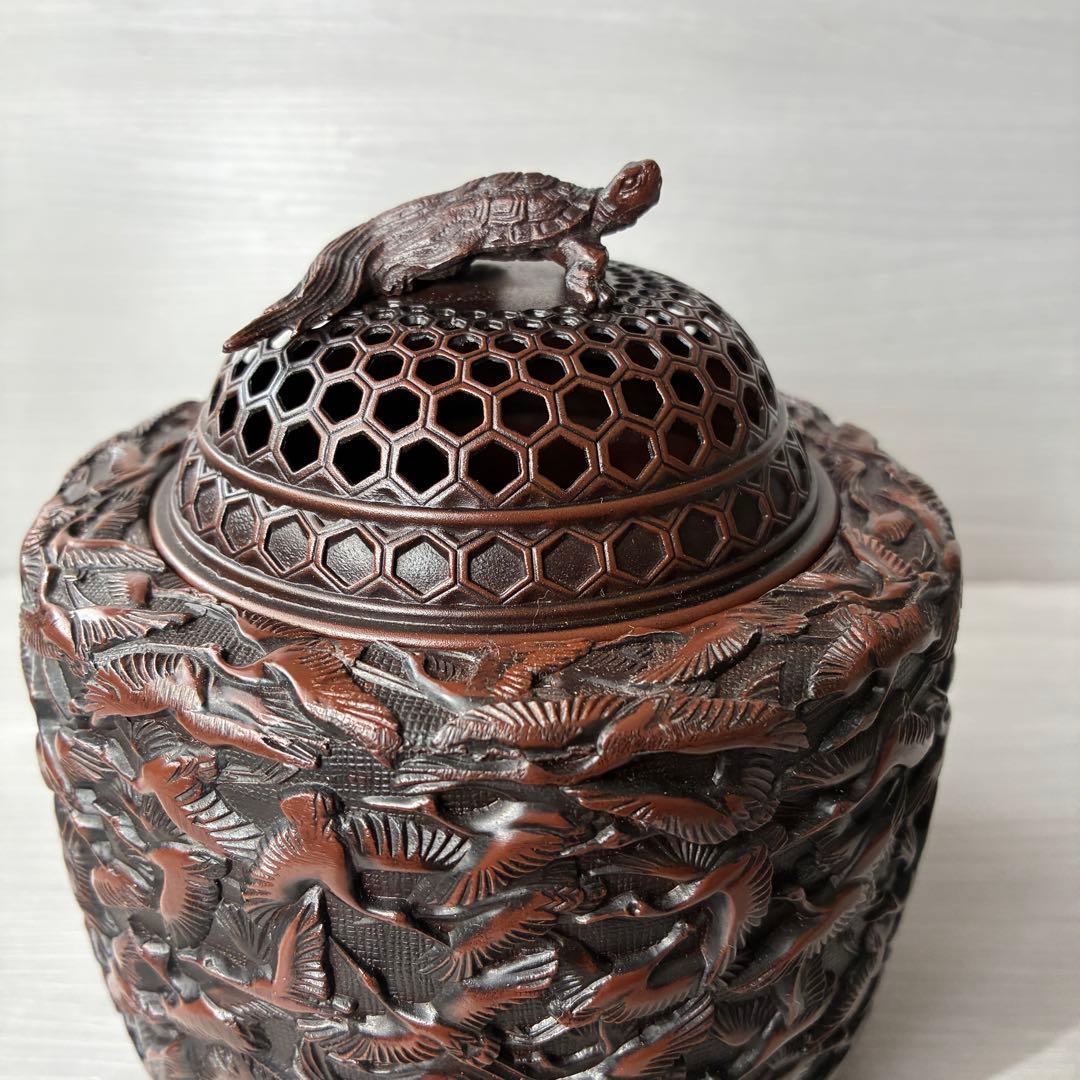 香炉　高岡銅器 彫金　佐野宏采　華鶴　亀　透かし蓋　茶道具　香道具