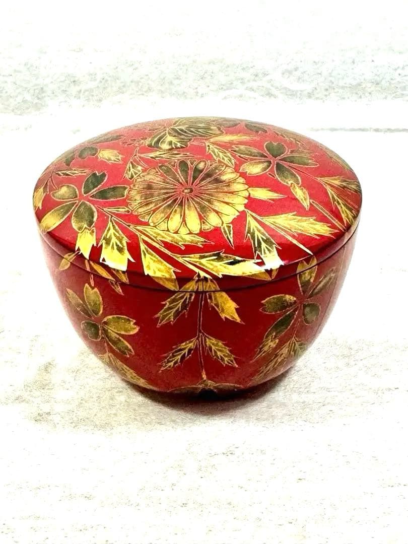 希少　棗　塚本規義　枝垂桜蒔絵平茶器　朱塗